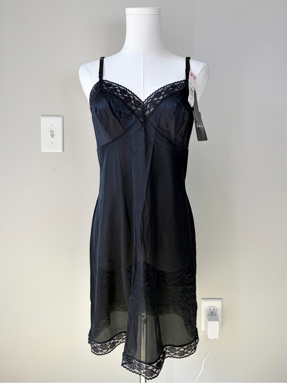 Deadstock Vintage Vanity Fair Black Lace Trim Slip Dress Size 34 Feminine